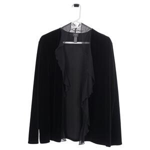 Chico's Traveler Cardigan 2/L Black Velour Velvet Open Front Chiffon Ruffle Trim